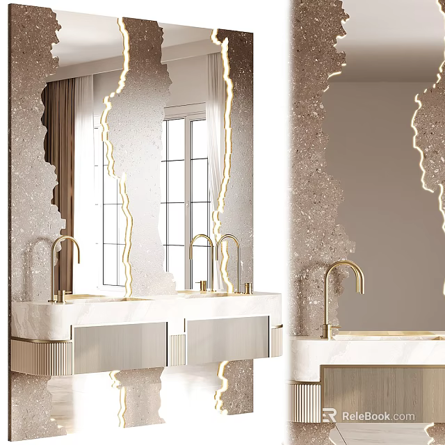 Elegant Modern Bathroom Vanity With Marble Countertop Gold Faucet And Framed Mirror 3d model 