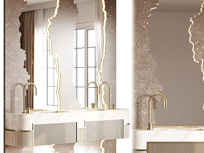 Elegant Modern Bathroom Vanity With Marble Countertop Gold Faucet And Framed Mirror 3d model