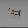 Vintage Wooden Dining Table Set With Two Matching Chairs And Rustic Design 3d model