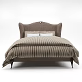 Comfortable Double Bed With Upholstered Headboard Striped Duvet And Multiple Pillows 3d model