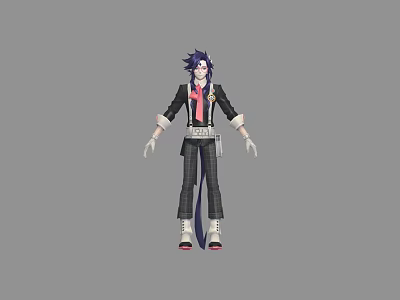 Anime Game Character With Purple Hair Black Coat Checkered Pants And White Gloves 3d model
