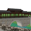 Traditional Chinese Stone Arch Bridge With Wooden Pavilion Over River Surrounded By Trees And Mountains