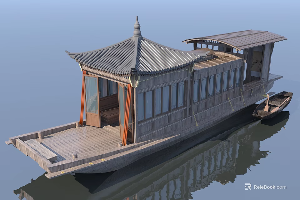 Traditional Chinese Ship With Wooden Structure Traditional Roof Large Windows Open Deck And Water Reflection 3d model 