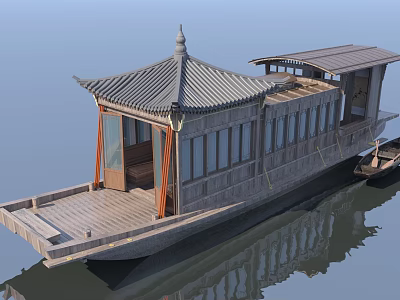Traditional Chinese Ship With Wooden Structure Traditional Roof Large Windows Open Deck And Water Reflection 3d model