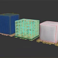 Furniture Packed in Wrapped Boxes with Blue Cloth Brown Wood and Silver Foil on Pallets