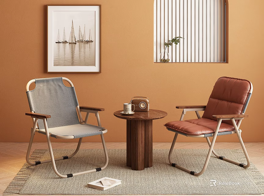 Two Gray and Brown Leisure Chairs with Metal Frame Near Small Round Table Orange Wall Interior 3d model 