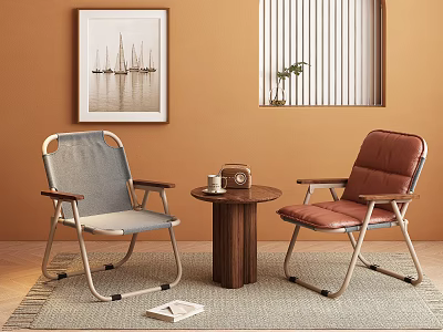 Two Gray and Brown Leisure Chairs with Metal Frame Near Small Round Table Orange Wall Interior 3d model