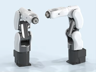 Two White And Gray Industrial Robotic Arms With Black Bases For Collaborative Tasks 3d model