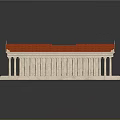 Cartoon Scene Featuring 3D Ancient Temple Model With Red Roof White Columns And Steps