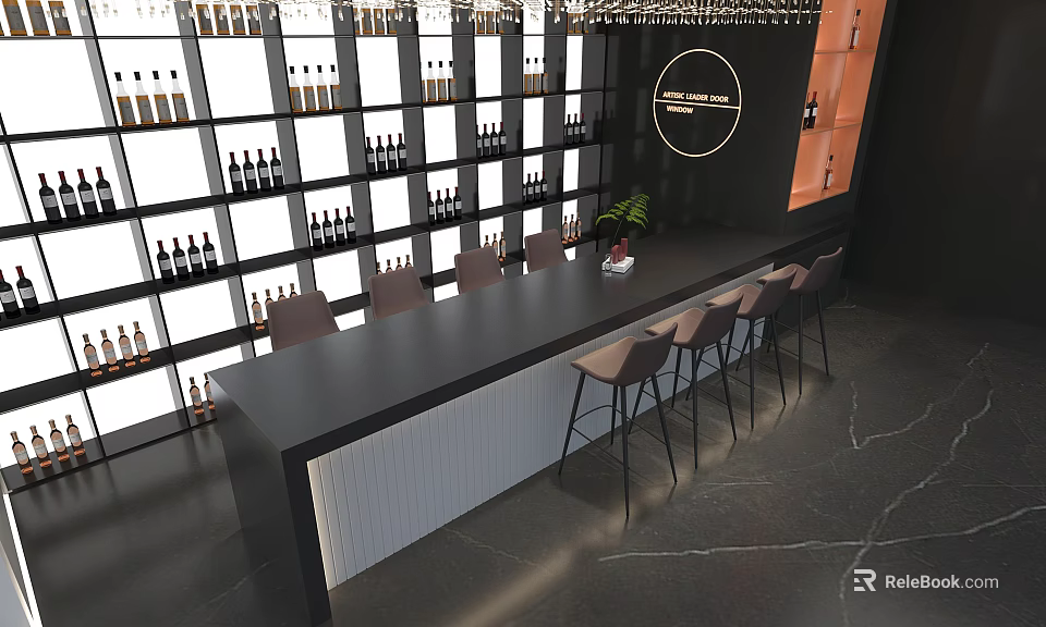 Modern Bar Interior With Black Countertop Wine Shelves Bar Stools And Potted Plant 3d model 