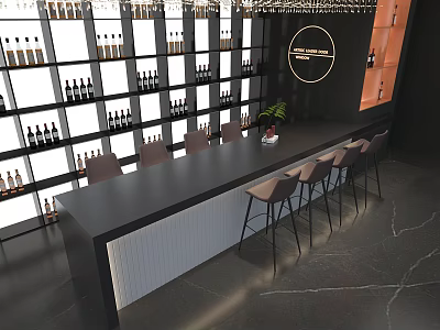 Modern Bar Interior With Black Countertop Wine Shelves Bar Stools And Potted Plant 3d model