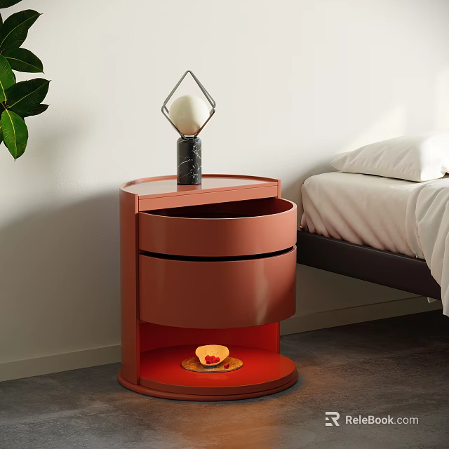 Red Modern Bedside Table With Drawers And Geometric Lamp By Bed With White Pillow 3d model 