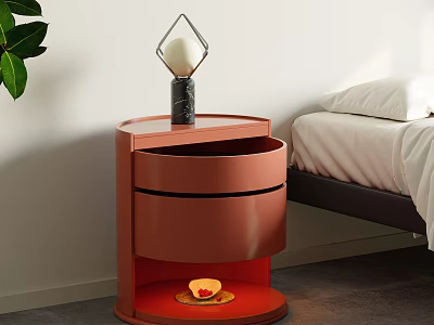 Red Modern Bedside Table With Drawers And Geometric Lamp By Bed With White Pillow 3d model