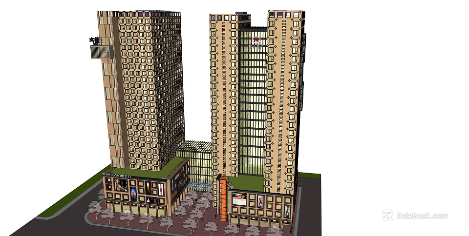 Modern High Rise Building Design With Commercial Base Green Roof Trees And Streets 3d model 