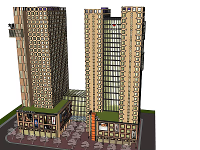 Modern High Rise Building Design With Commercial Base Green Roof Trees And Streets 3d model