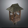 Traditional Rustic Wooden Well House Architecture With Sloped Roof And Wooden Wheel