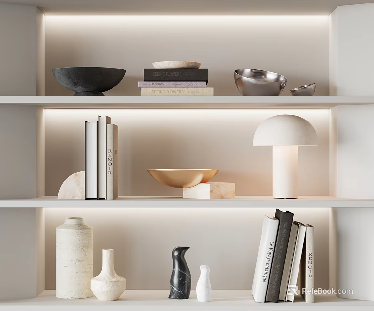 Modern Home Interior Decorative Ornament Set With Vases Bowls Lamp And Books On Shelves 3d model 
