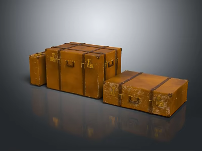 Vintage Brown Leather Suitcases With Brass Hardware And Stacked Arrangement 3d model