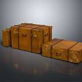 Vintage Brown Leather Suitcases With Brass Hardware And Stacked Arrangement