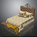 Elegant Beige Upholstered Bed With Decorative Headboard Pink Pillows Side Bench And Yellow Blanket