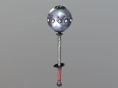 Spiked War Mace Featuring Silver Spherical Head Cracked Surface And Ornate Red Wrapped Handle 3d model