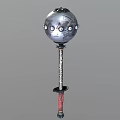 Spiked War Mace Featuring Silver Spherical Head Cracked Surface And Ornate Red Wrapped Handle