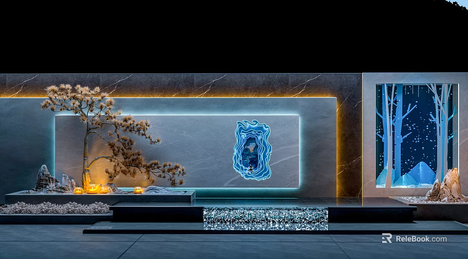 Illuminated Marble Wall Design With Blue Pattern And Decorative Branches 3d model