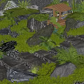Natural Garden Landscape With Stone Path Mossy Rocks Green Plants And Wooden Pavilion