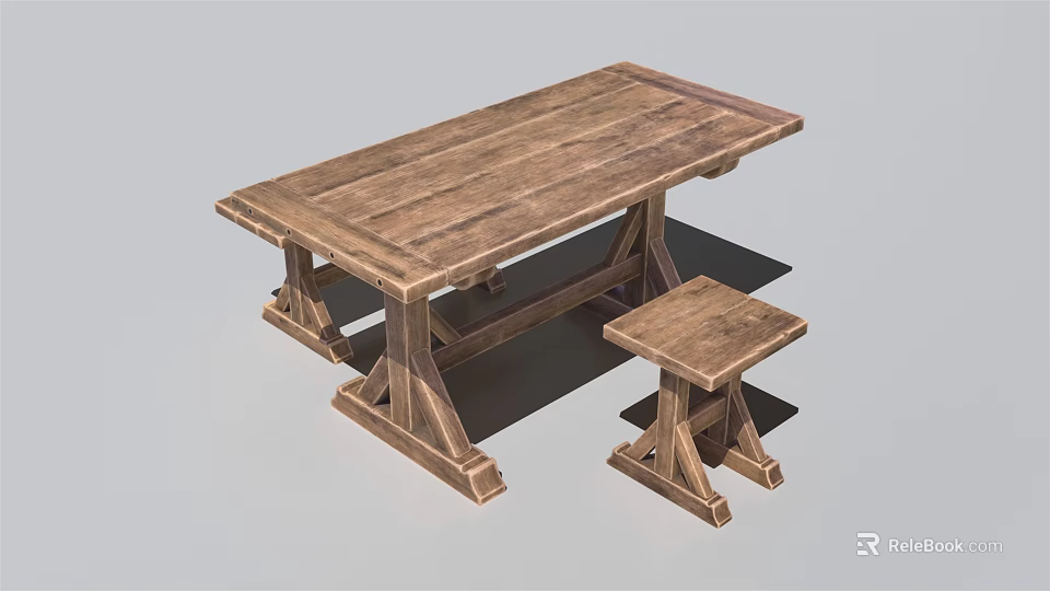 Rustic Wooden Table and Stool Set for Dining Room with Sturdy Design 3d model 