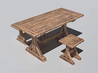 Rustic Wooden Table and Stool Set for Dining Room with Sturdy Design 3d model