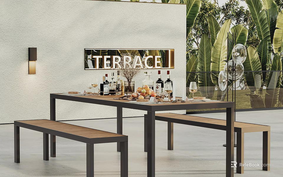Terrace Dining Table With Benches Featuring Wine Bottles Fruits Glasses And Green Plants 3d model 
