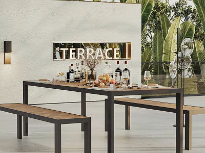 Terrace Dining Table With Benches Featuring Wine Bottles Fruits Glasses And Green Plants 3d model