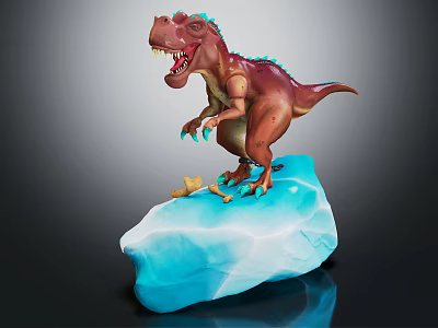 Cartoon Style Brown Dinosaur Figure With Blue Accents On Blue Ice Base 3d model