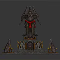 Cartoon Scene Of Mystical Castle With Spiked Roofs Red Windows And Golden Decorations