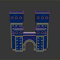 Dual Blue Decorative Towers With Gold Accents Arched Entrance And Traditional Patterns
