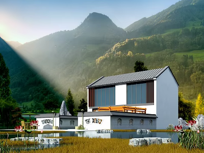 Sunlit Detached Villa With White Exterior Gray Roof Mountainous Green Landscape And Courtyard Lotus Pond 3d model