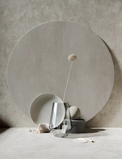 Decorative Ornament Set With Transparent Vase White Spherical Flower Plate Ball On Circular Backdrop 3d model