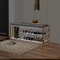Entryway Sofa Bench With Gray Upholstered Cushion Gold Metal Frame And Shoe Storage Shelves