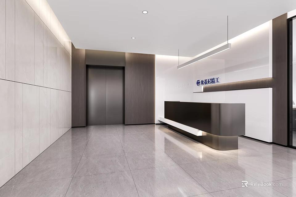 Elegant Modern Reception Desk with Marble Countertop Wooden Backdrop Elevator and Company Logo 3d model 
