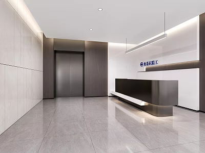 Elegant Modern Reception Desk with Marble Countertop Wooden Backdrop Elevator and Company Logo 3d model