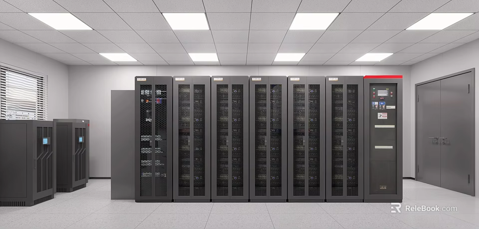 Data Center With Rows Of Server Racks White Ceiling And Bright Lighting 3d model 