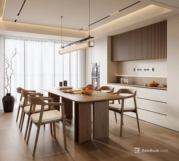 Modern Restaurant Interior With Long Wooden Table Chairs Pendant Lights White Curtains And Cabinets 3d model 