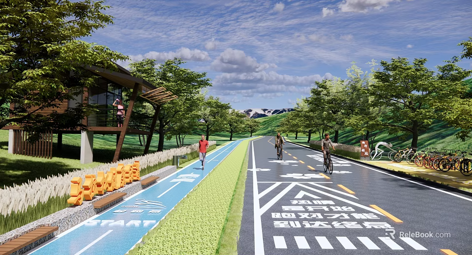 Municipal Road Design Featuring Green Landscaping Bicycle Lane Pedestrian Path Trees Cyclists And Pedestrians 3d model 