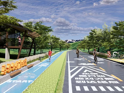 Municipal Road Design Featuring Green Landscaping Bicycle Lane Pedestrian Path Trees Cyclists And Pedestrians 3d model