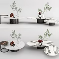 Modern Round Marble Coffee Table With Black Base And Decorative Plants 3d model