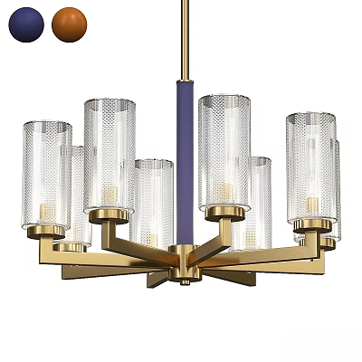 Modern Chandelier with Transparent Glass Shades Golden Metal Frame Blue Decorative Rod for Elegant Lighting 3d model