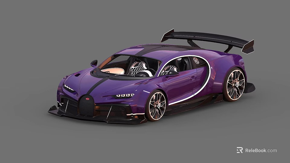 Purple Bugatti Sports Car With Black Accents Rear Spoiler And Alloy Wheels 3d model 