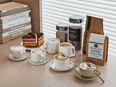 Coffee Cups with Coffee Layered Cake Stack of Books Coffee Canisters and Specialty Coffee Bag 3d model