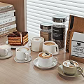 Coffee Cups with Coffee Layered Cake Stack of Books Coffee Canisters and Specialty Coffee Bag