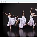 Women In White Dresses Dancing With Various Poses And Flower Bouquet On Black Background